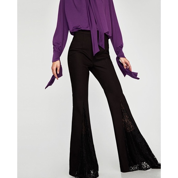 Zara Black Flared Trouser with Lace Inset Trim - Picture 7 of 8